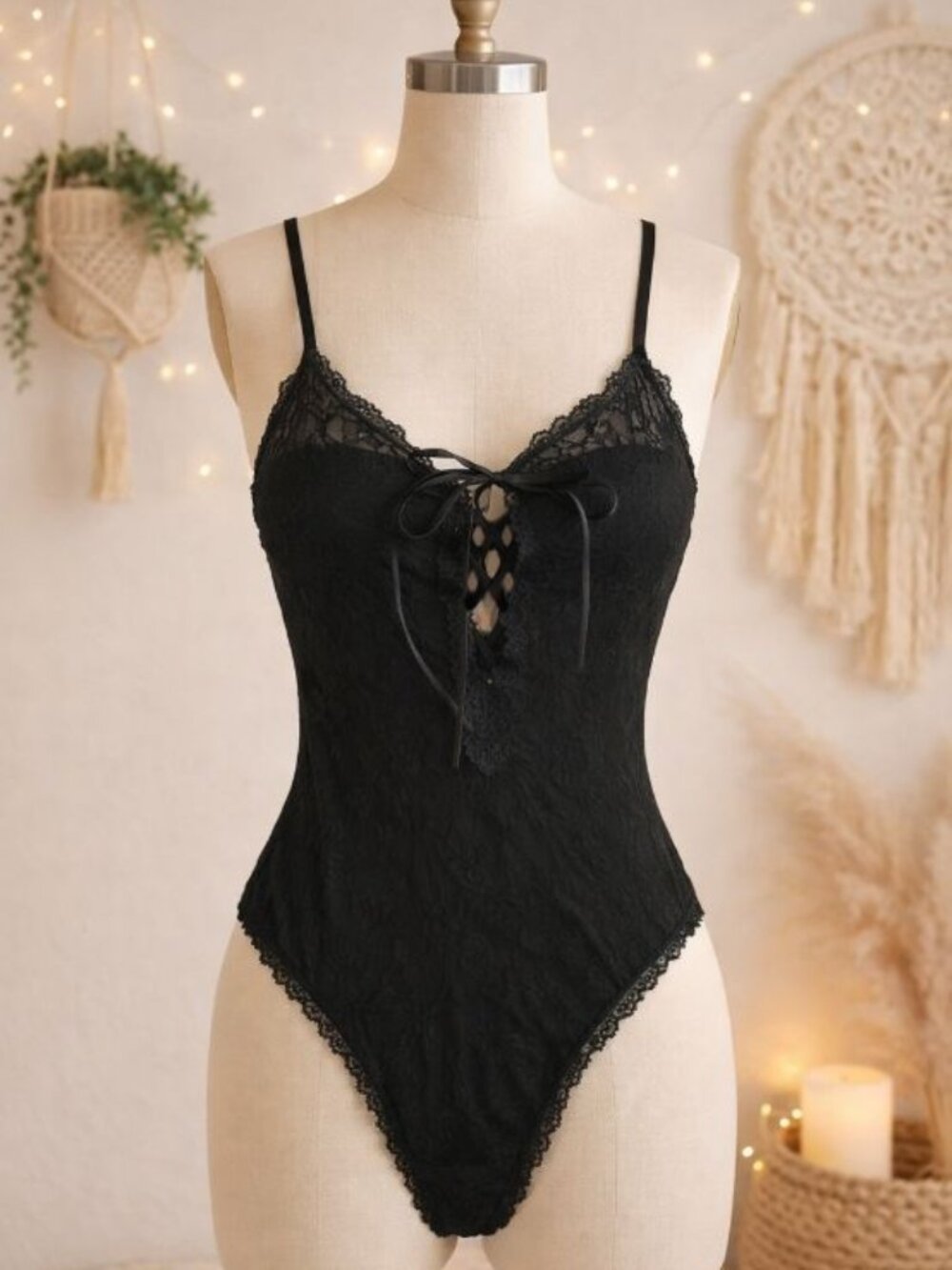 Vintage Lady Desiree Black Lace Bodysuit OS Coquette Lingeriecore Boudoir Y2K